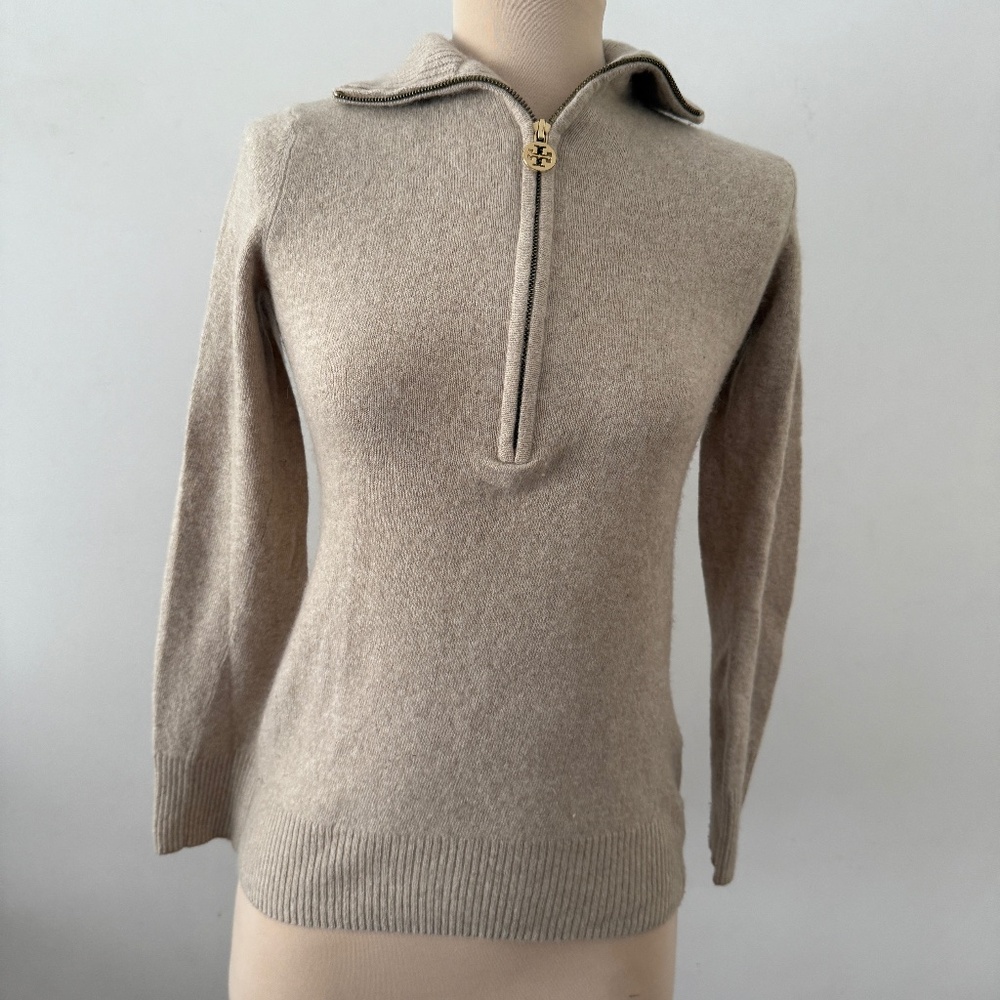 Tory Burch Beige Half-Zip Cashmere Sweater